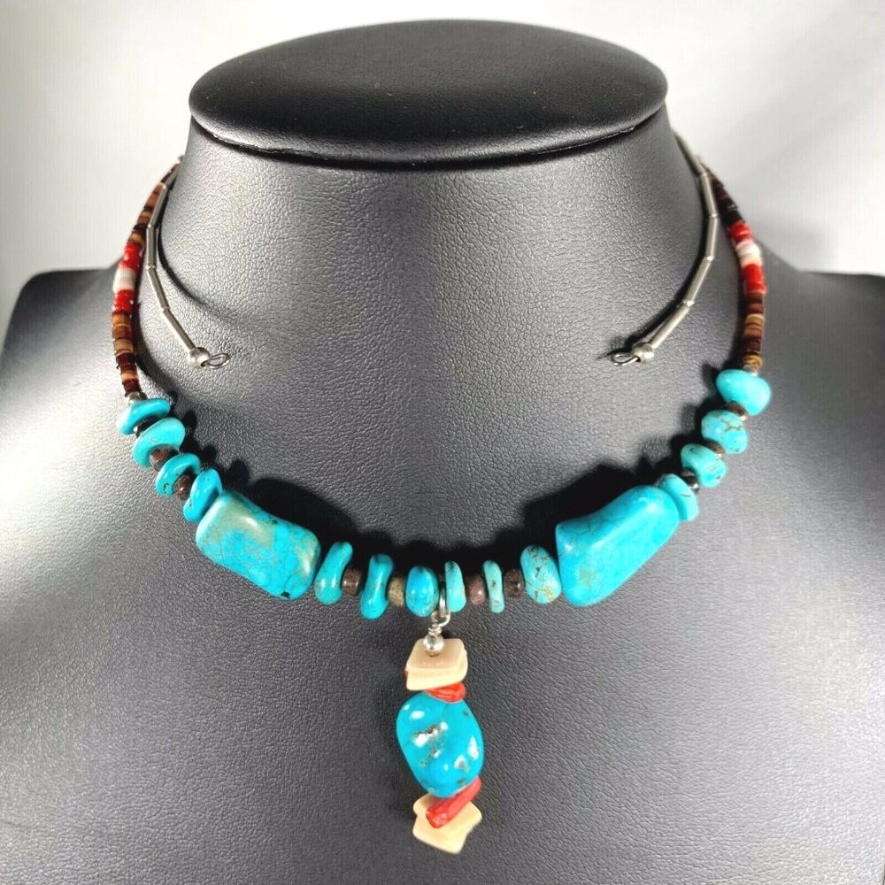 Turquoise Coral Beaded Necklace Memory Wire Liquid Silver Boho Artisan Choker